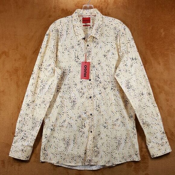 HUGO BOSS Shirt Mens 17 43 Tan Spotted Button Up Extra Slim Fit ELISHA $138 - Picture 2 of 8
